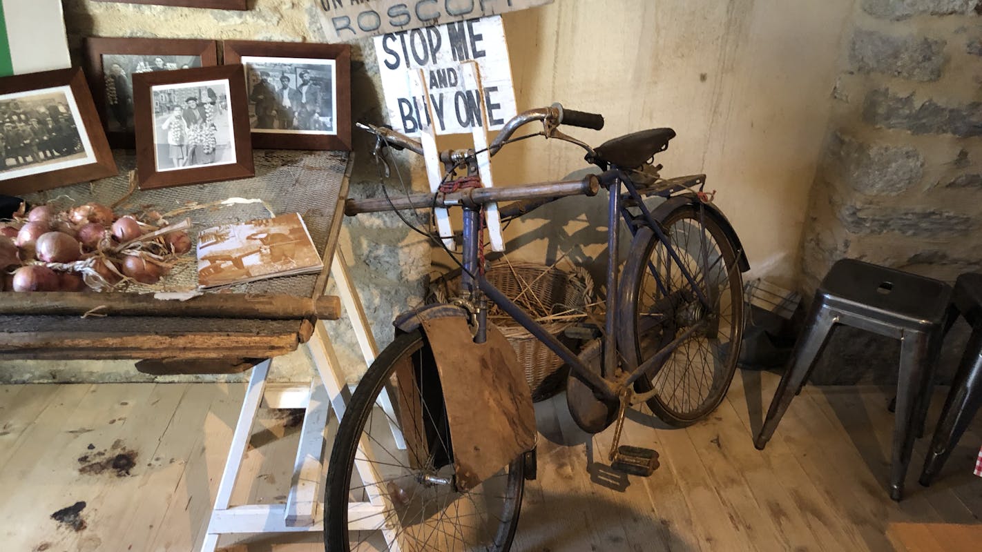 A bicycle covered in onions.