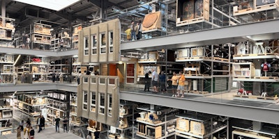 Three levels of glass walkways through the storehouse, museum exhibits everywhere, the facade of a brutalist residential estate hangs near the middle of the photo.